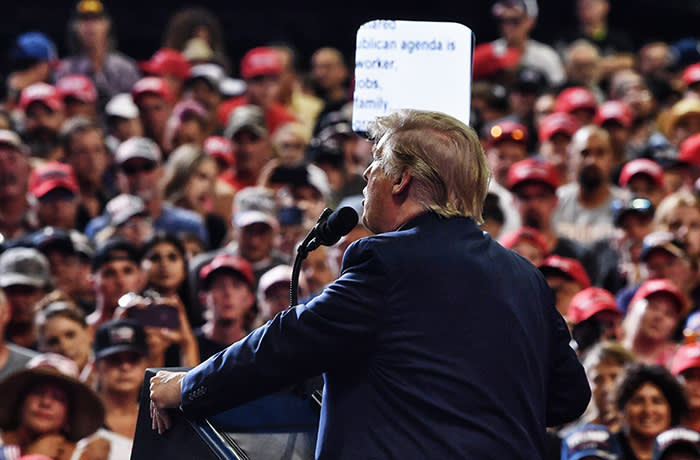 TOPSHOT - US President Donald Trump (C) addresses supporters during a campaign rally in Rio Rancho, New Mexico, on September 16, 2019. (Photo by Nicholas Kamm / AFP)NICHOLAS KAMM/AFP/Getty Images